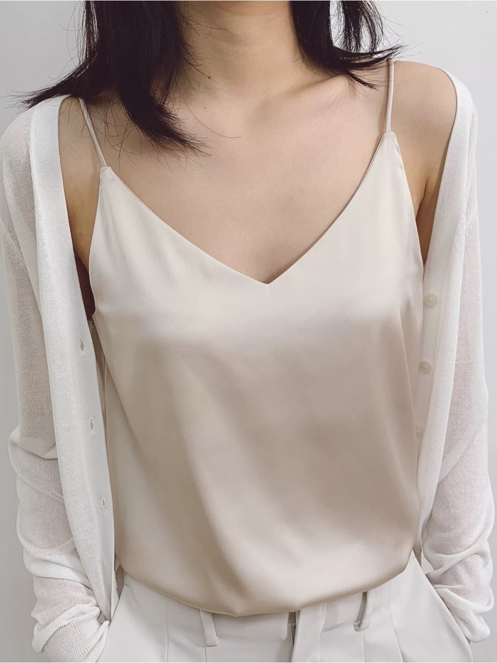 Women's Cream Satin V-Neck Cami Top